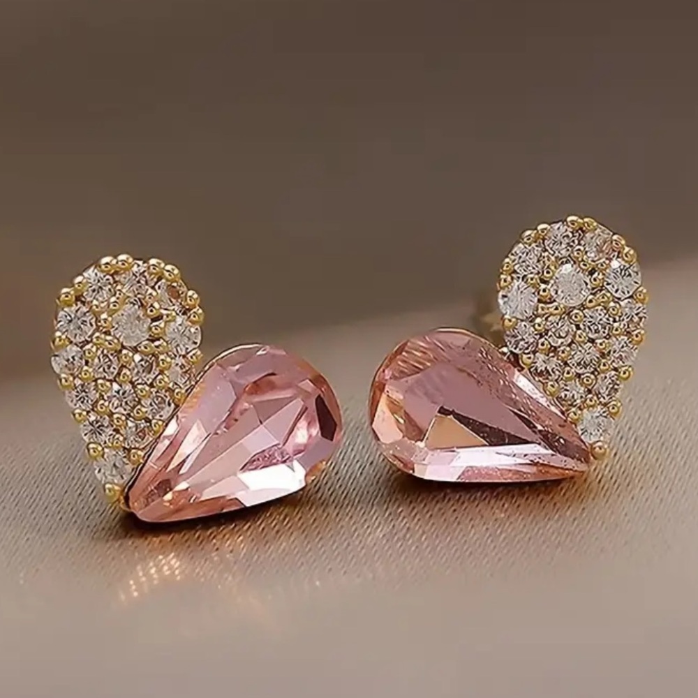 Pink CZ Heart Stud Earrings Gold Tone Crystal Accent NWT